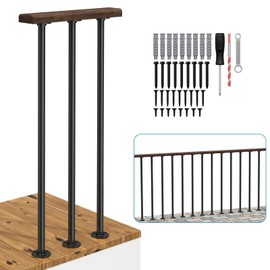 Deck Railing Kit Outdoor Metal Porch Railing with Wood Handrail, Indoor Black Wrought Iron Flat Railings Guard Rail Kit with Balusters for Front Porch, Patio, and Balcony (34 in. H x 16.5 in. W)
