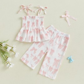 Toddler Baby Girls Spring Summer Outfits Sleeveless Tie Shoulder Shirred Babydoll T Shirt Strap Camisole Top with Elastic Waist Pants Sets 2Pcs Clothes for Little Girls (White Bow, 4-5 Years)