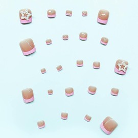 24Pcs Pink Press on Toenails Short Square - QUNITKAST French Tip Fake Toenails Big 3D Pearls Star False Toe Nails Cute Pink Toenail Tips Glue on Toe Nails Full Cover Acrylic Toenails for Women Girls