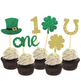 24 Pcs St Patrick's Day 1st Birthday CupcakeToppers Baby Shower for St Patrick's Day Party Decorations, Four Leaf CloverOne Cupcake Toppers for First Birthday Party Decorations (1st birthday)