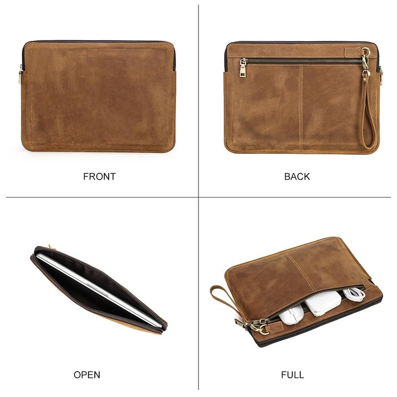 CONTACT'S FAMILY Leather Laptop Sleeve Compatible with 14.2inch MacBook Brown