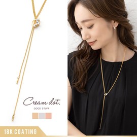 Cream Dot Necklace, Women's, Popular, Hypoallergenic Metal, Nickel-Free, 18k Coating, Lariette, Long Chain, Bijou Almond Bijou, Multi-faceted Cut, Y-Shape, 2 Rows, Cubic Zirconia