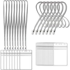 100Pcs Clear Plastic Name Tags Badge ID Card Holders and 100Pcs Black Lanyards with Clip (Grey)