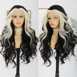 ANDRIA Blonde Skunk Stripe Lace Front Wigs Black and Blonde Long Body Wave Wig Glueless Natural Wave Transparent lace Wig Synthetic Heat Resistant Fiber Hair Wig Pre Plucked Baby Hair For Women 24"