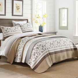 Quilta 100% Cotton Quilt Queen Size - Brown Queen Quilts Bedding Set 3pcs, Farmhouse Rustic Striped Comforter Coverlet, Soft and Breathable Bedspread for All Seasons (1 Quilt, 2 Pillow Shams)