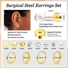 FANCH 12 Pairs of Stud Earrings Set for Men and Women 316L Stainless Steel Earrings Set Surgical Steel Hypoallergenic Huggie Hoop Earrings CZ Moonstone Flat Back Earrings Helix Cartilage Earrings for