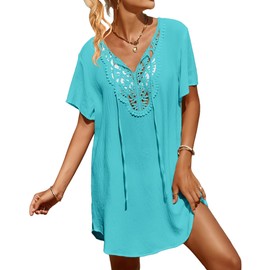 SimpleFun Swimsuit Cover Up for Women Short Sleeve V Neck Tassel Dress Loose Bathing Suit Cover Ups Turquoise XL