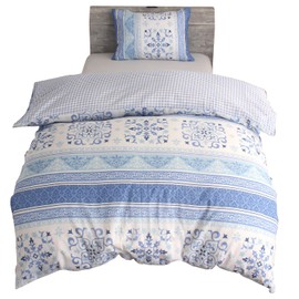 Merry Night MN12153-76 Duvet Cover, Ethnic/Gingham Checker, Saxophone Blue, Single Long, Approx. 59.1 x 82.7 inches (150 x 210 cm), Reversible Design, Can Be Used on Both Sides, Includes 8 Inner Snap Buttons, Easy to Put on and Take Off, Cotton Blend Mat