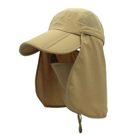 LLmoway Mens Womens Fishing Hat with Neck Flap Face Cover Strap Long Bill Baseball Cap Dry Fit Khaki