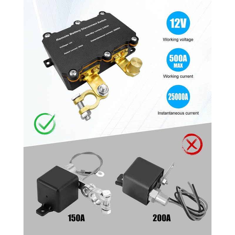 12V 500A Remote Battery Disconnect Switch, Battery Kill Switch for
