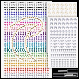 Rhinestone and Pearl Stickers 3/4/5/6/8mm Multi Shapes Rainbow&Clear Sticky Gems and Beige Adhesive Pearl, with Makeup Glue for Makeup Eyes Face Hair Body Nails, Crafts and Decorations