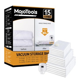 MoJoTools Vacuum Storage Bags with Electric Air Pump, 15 Pack (5 Jumbo, 5 Large, 5 Medium) Space Saver Bag, Space Saver Bag, Vacuum Sealer Bags for Clothes, Blanket, Duvets, Pillows, Comforters,Travel