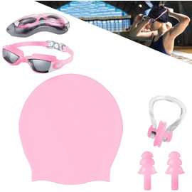 Set de Gorro de natación de Silicona Impermeable 5 en 1, Incluye Gafas de Natación, Gorro de Natación, Cajas，Auriculares y Clips para la Nariz, Adecuado para Hombres y Mujeres Adultos y Niños (Rosa)