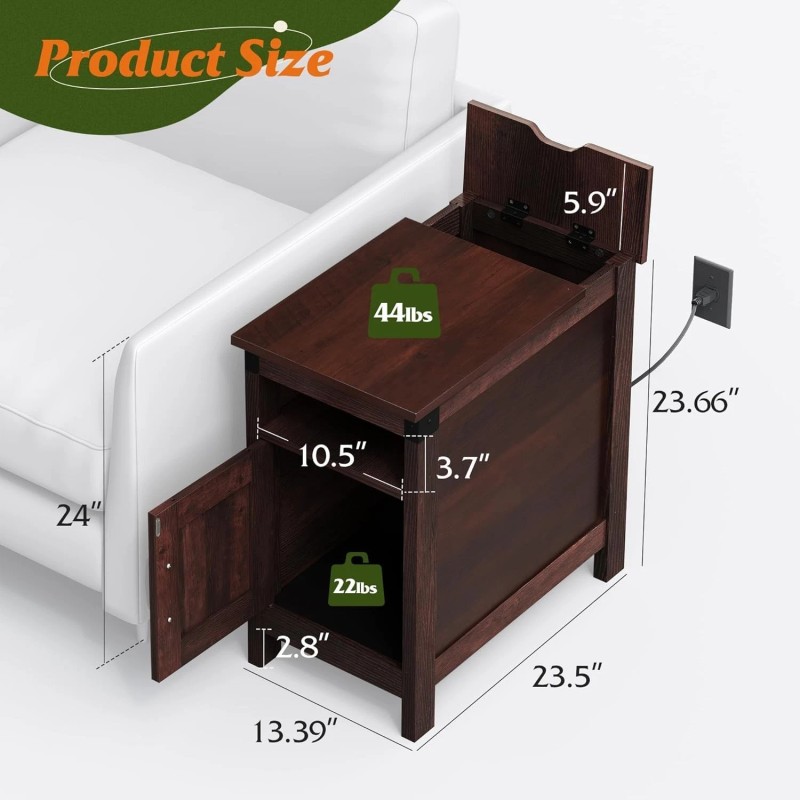 Wlive End Table with Charging Station, Narrow Side Table for