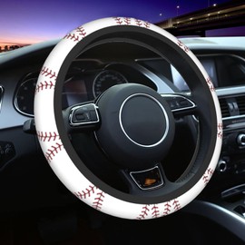 White Baseball Red Lace Steering Wheel Cover, Non Slip Durable Auto Car Accessories Universal 15 Inch