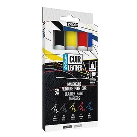 Pébéo Setacolor Leather Set, Acrylic Marker for Leather and Faux Leather, Personalisation of Bags and Shoes, Scratch, Wrinkle and Abrasion Resistant, Extra Fine Tip, 5 Markers in Basic Colours
