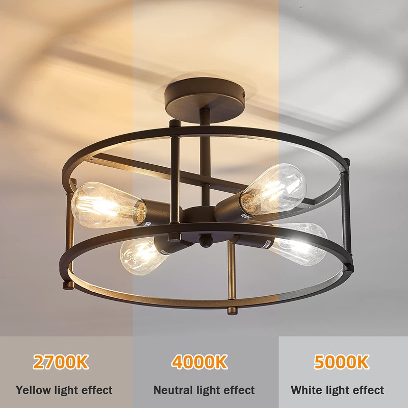 hesoge Industrial Semi Flush Mount Ceiling Light,4 Light Rustic Metal