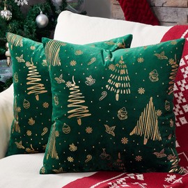 Topfinel Christmas Cushion Cover, 50 x 50 cm, Green, Set of 2, Velvet Cushion Covers, Decorative Cushion Covers, Sofa Cushion, Couch Cushion, Christmas Decoration, Gift, Living Room, Bedroom