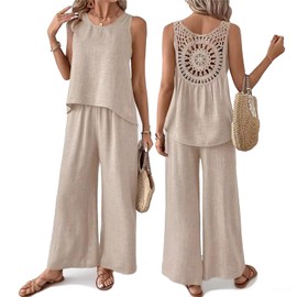 Conjuntos Casuales para Mujer, Pantalon Pierna Ancha Mujer, Chaleco de Encaje (Marrón, Grande)