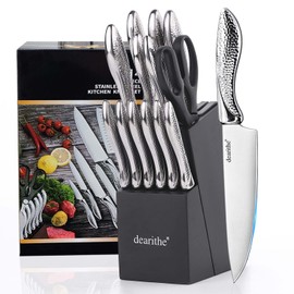 dearithe Knife Sets for Kitchen with Block, 14 Piece High Carbon Stainless Steel Knife Block Set with Built-in Sharpener, Professional Kitchen Knife Set, Hammered Pattern Hollowed Handle Design