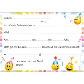 EDITION COLIBRI 10 Smiley Invitations: Birthday Invitations Children with Emoticon with Party Hat, Funny Invitation Cards Smiley / Emoji for Birthday, Girls/Boys, Set of 10 (10719DE)