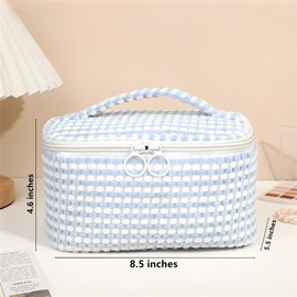 RoedCuoo 3PCS Checkered Makeup Bag,Large Cosmetic Bag Set for Women,Travel Toiletry Bag, Makeup Pouch Bag for Purse,Travel Storage Organizer Bag Birthday New year Gift(Blue)