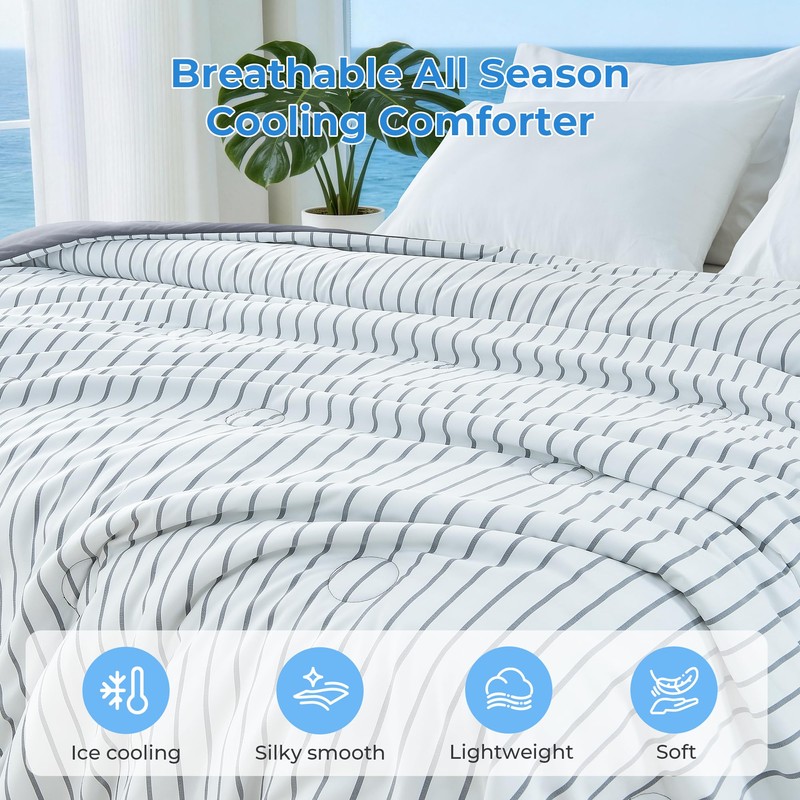 bedsmile Striped Cooling Comforter Queen Size, Q-Max 0.45 Reversible Cooling