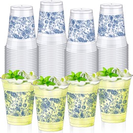 Jingmore 48 pcs 12oz Floral Disposable Cups Vintage Floral Party Clear Plastic Cups Flower Cold Beverage Drinking Container for Birthday, Bridal Shower, Tea Wedding Party(Blue)