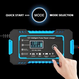 Mandark Car Battery Charger, 12V 6A Smart Fully Automotive Battery Trickle Charger, Portable Vehicle Battery Maintainer Desulfator with Temperature Compensation, Universal for SUV RV Truck (Blue)