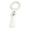 Avalaya Stylish Snow White Glass Bead Cotton Tassel Necklace/ 72cm