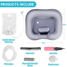 Inflatable Shampoo Basin, Loc Detox Tub for Dreads, Shampoo Buddy Bowl for Bedridden, Disabled,Injured with 2.5 GL Portable Water Shower Bag（Silvery）