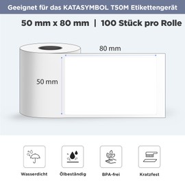 SUPVAN Katasymbol T50M Pro Label Tape Paper, Waterproof Labels for Home, School, Office, 50 mm x 80 mm, 100 Labels/Roll (White)