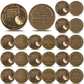 Landical 24 Pcs Bulk Christian Sports Coin Gift for Athletes 1.25" Religious Bible Verse Sports Coin Antique Gold Plated Jesus Loves You Gift for Team Players(Basketball)