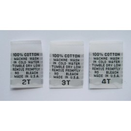 Sean Label 250 pcs WHITE WOVEN CLOTHING CARE LABEL - 100% COTTON MACHINE WASH - 2T 3T 4T
