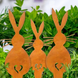 VOPIWOZ Easter Garden Decoration Rust, Pack of 3 Easter Bunny Garden Stake Rust, Easter Decoration for Outdoors, Easter Bunny Decoration, Metal Garden Stake for Garden Decoration, Balcony Decoration