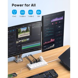 TROND Surge Protector Power Strip 15 ft Cord - Long Extension Cord, 13 Widely-Spaced Outlets Expansion with 4 USB Ports(1 USB C), 4000J, Flat Plug, Wall Mount, ETL Listed, Office Desk Accessory, White