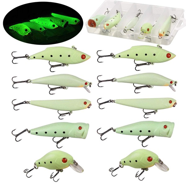 Glow Fishing Lures Bait Kit Luminous VIB Popper Crank Minnow