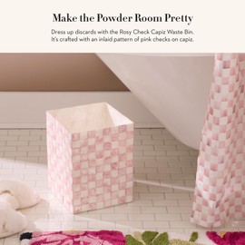 MACKENZIE-CHILDS Capiz Waste Bin, Decorative Bathroom and Bedroom Trash Can, Pink-and-White Rosy Check