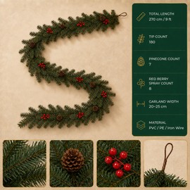 9 FT Artificial Christmas Garland with Berry and Pinecone Accents