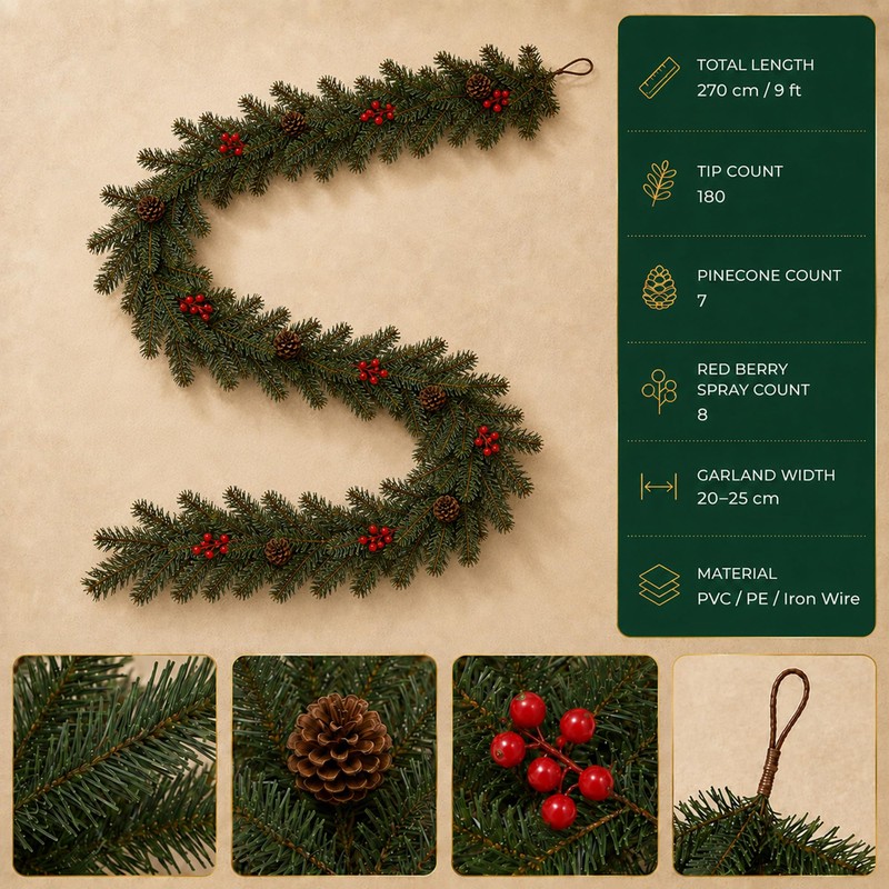 9 FT Artificial Christmas Garland with Berry and Pinecone Accents