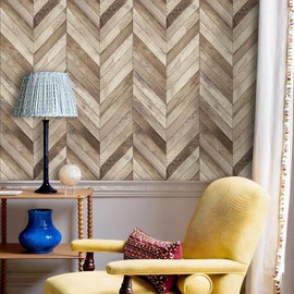 ANHUIB Original Wooden Color Wallpaper Wood Grain Peel and Stick Herringbone Wall Paper Vintage Textured Natural Herringbone Wall Sticker 44x300cm Wood Wallpaper for Cabinet Bathroom Living Room