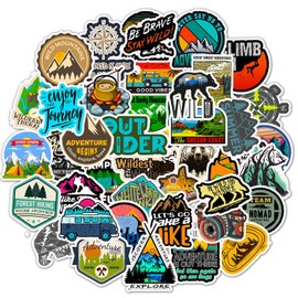 50pcs Outdoor Adventure Stickers Decals, Wilderness Nature Hiking Camping Travel Stickers Pack for Kids Teens Adults, Waterproof Vinyl Mountain Stickers for Water Bottle Laptop Luggage Bicycle