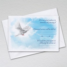 Pack of 20 Funeral Invitations Announcement Cards with Envelopes - A6 Non-folded Dove Design