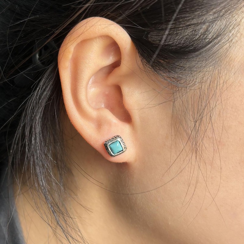Turquoise Earrings, Vintage Small Stud Earrings for Men with 925