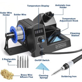 100W Digital Display Soldering Station Kit, Hot Air Rework Station, 5 Extra Iron Tips, Tips Cleaner, Tweezers, Solder Sucker, Auto Sleep, Black