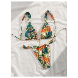 SHENHE - Conjunto de bikini triangular floral de dos piezas de corte alto con lazo en la espalda, Naranja, Large