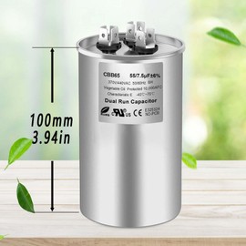 55/7.5 uF 55+7.5 MFD 370V or 440V Dual Run Start Round A/C Capacitor, 55 7.5 uF 370 440 Volt CBB65B Air Conditioner Capacitors for AC Unit, Fan Motor Start, Heat Pump, Condenser Straight Cool, 1PCS