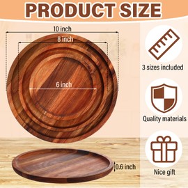 Roshtia Set of 15 Acacia Wood Dinner Plates Round Wooden Charger Plates Lightweight Serving Food Trays for Dish Snack Salad Dessert, 6" 8" 10", 5 of Each Size, Housewarming Christmas Gifts