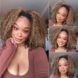 Domiso Afro Kinky Curly 3 In 1 Half Wig Human Hair Seamless Highlight 4/27 Honey Blonde Curly Flip Over Invisible Hairline Drawstring Band Clip in Wig No Sew In Bob Wig 16 Inch