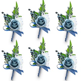 CherishedMoments Blue Boutonniere for Men Wedding Set of 6,Groom and Best Man Boutonniere Aificial Flowers for Wedding Anniversary,Ceremonies, Graduation Parties